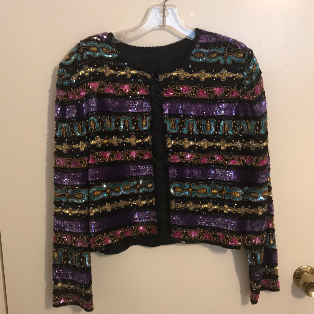 Holiday multi-colored sequined cocktail jacket.